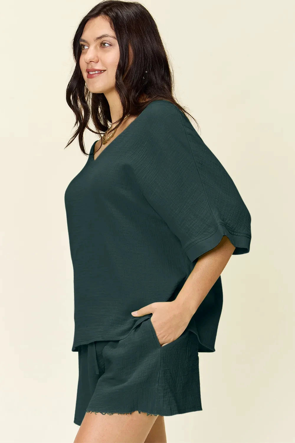 Double Take Texture Half Sleeve T-Shirt and Drawstring Shorts Set by Trendsi