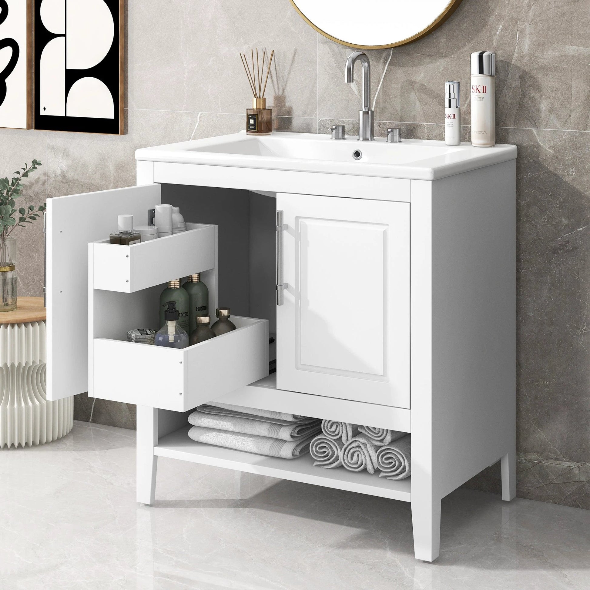 30" Bathroom Vanity with Sink Multi-functional Bathroom Cabinet with Doors and Drawers Solid Frame and MDF Board, White by eprolo