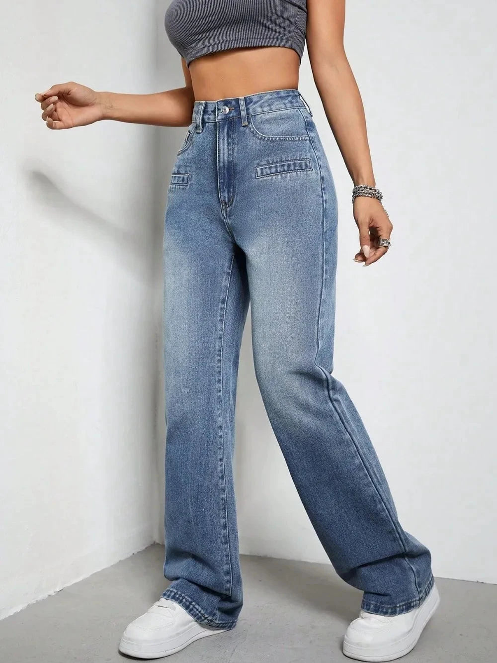 High Rise Wide Leg Jeans with Pockets by Trendsi