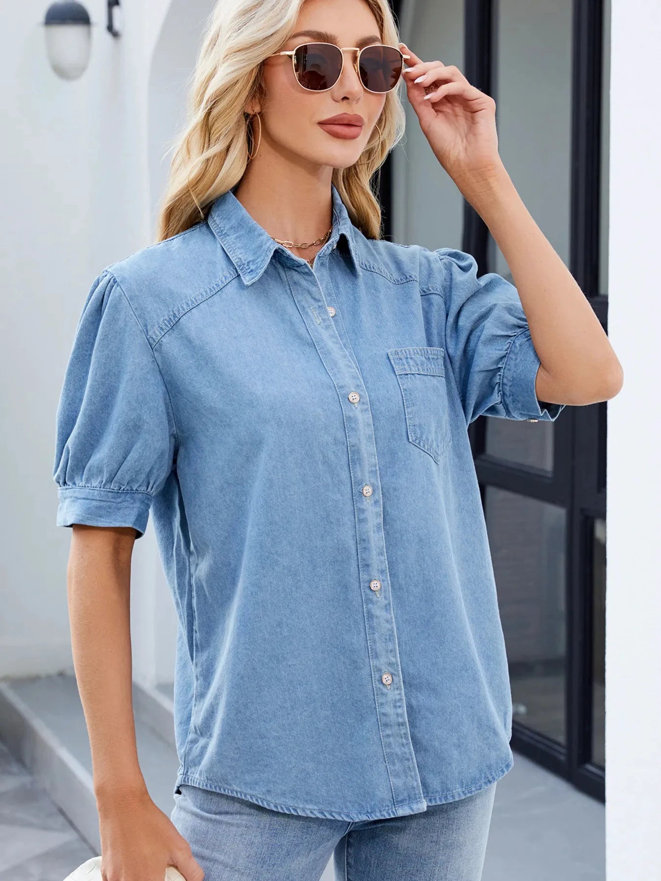 Button Up Short Sleeve Denim Shirt by Trendsi