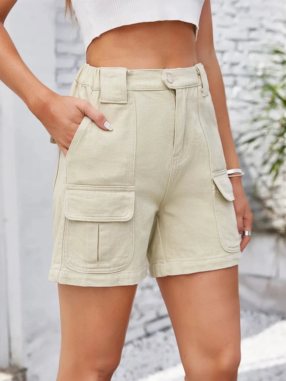 High Waist Washed Denim Shorts by eprolo