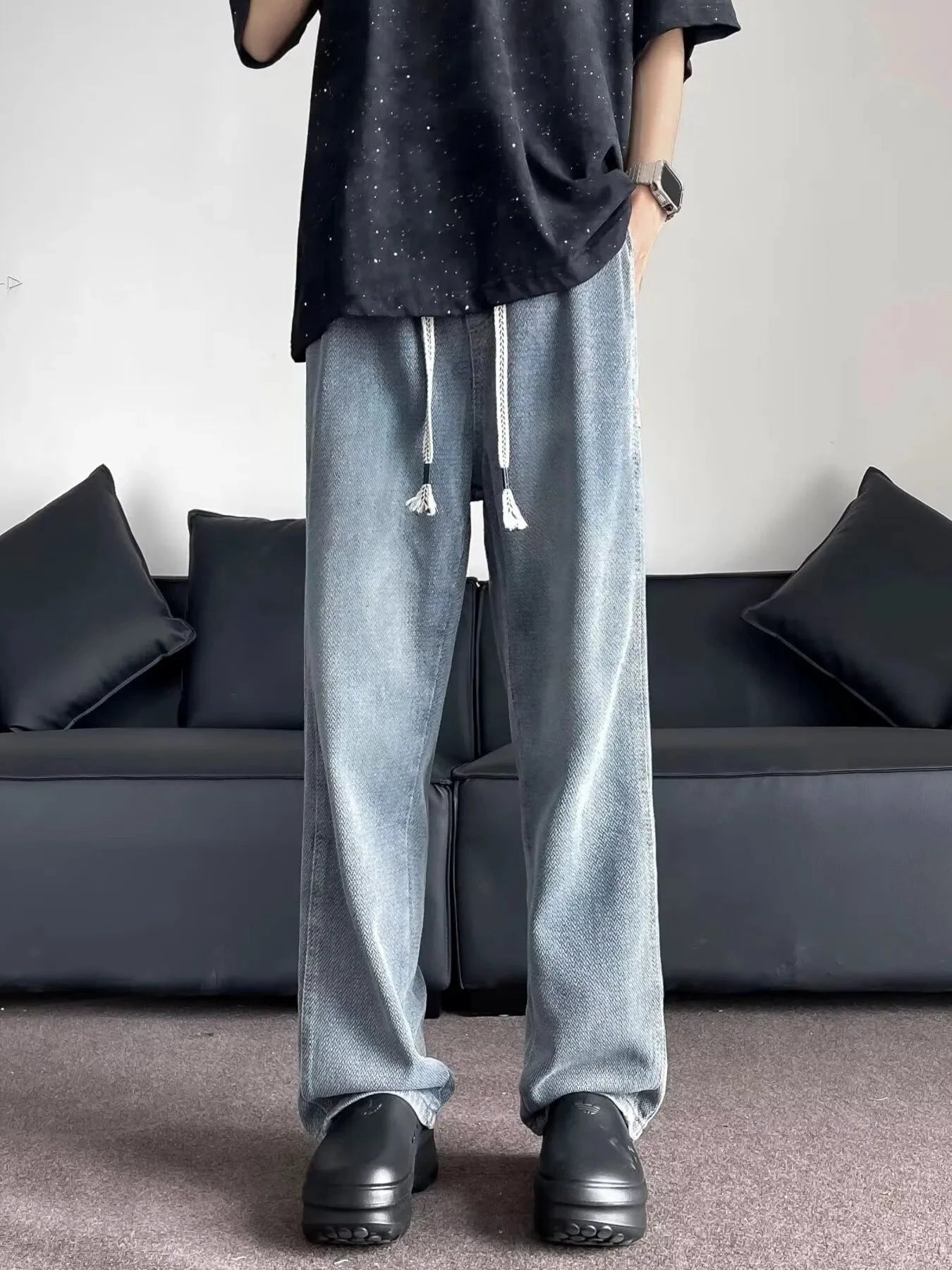 Men's Plus Size Drawstring Washed Wide Leg Jeans by Trendsi