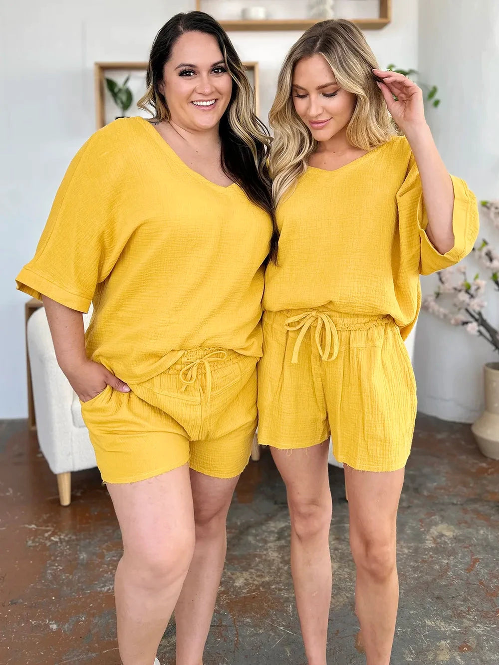 Double Take Texture Half Sleeve T-Shirt and Drawstring Shorts Set by Trendsi