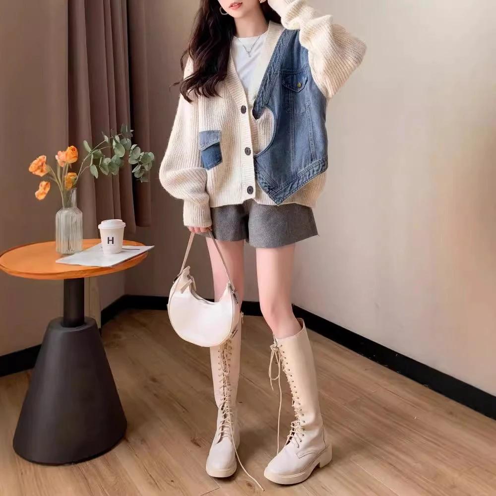 Designer-style Short Knit Denim Patchwork Cardigan for Women, Casual Loose Fit Sweater Coat by eprolo