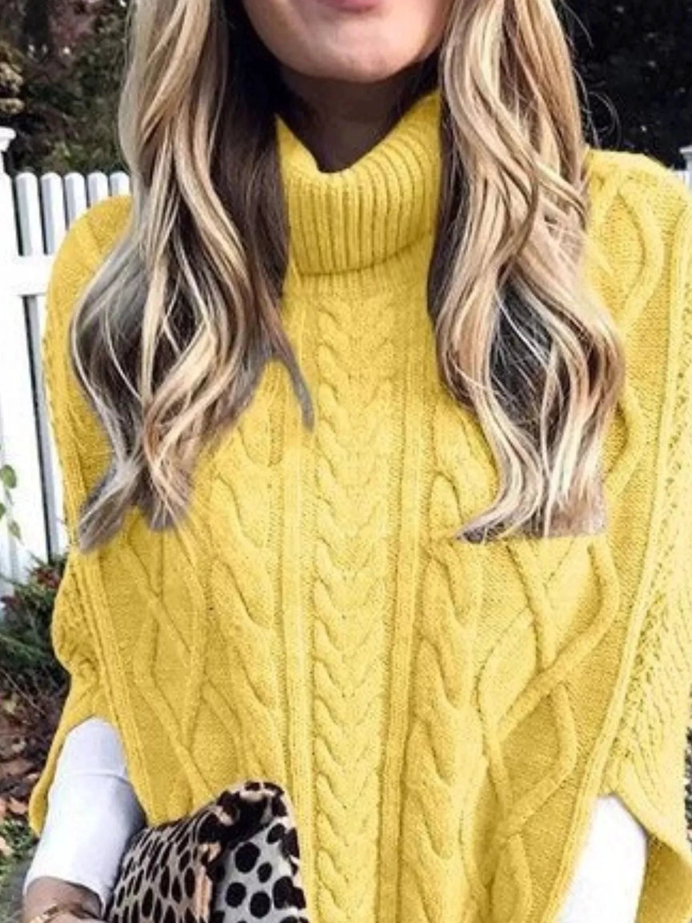 Chunky Cable Knit Turtleneck Poncho Cover Up by Trendsi