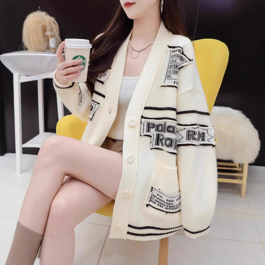 Retro Letter Patch Knit Cardigan for Women, Unique Casual V-Neck Sweater Coat