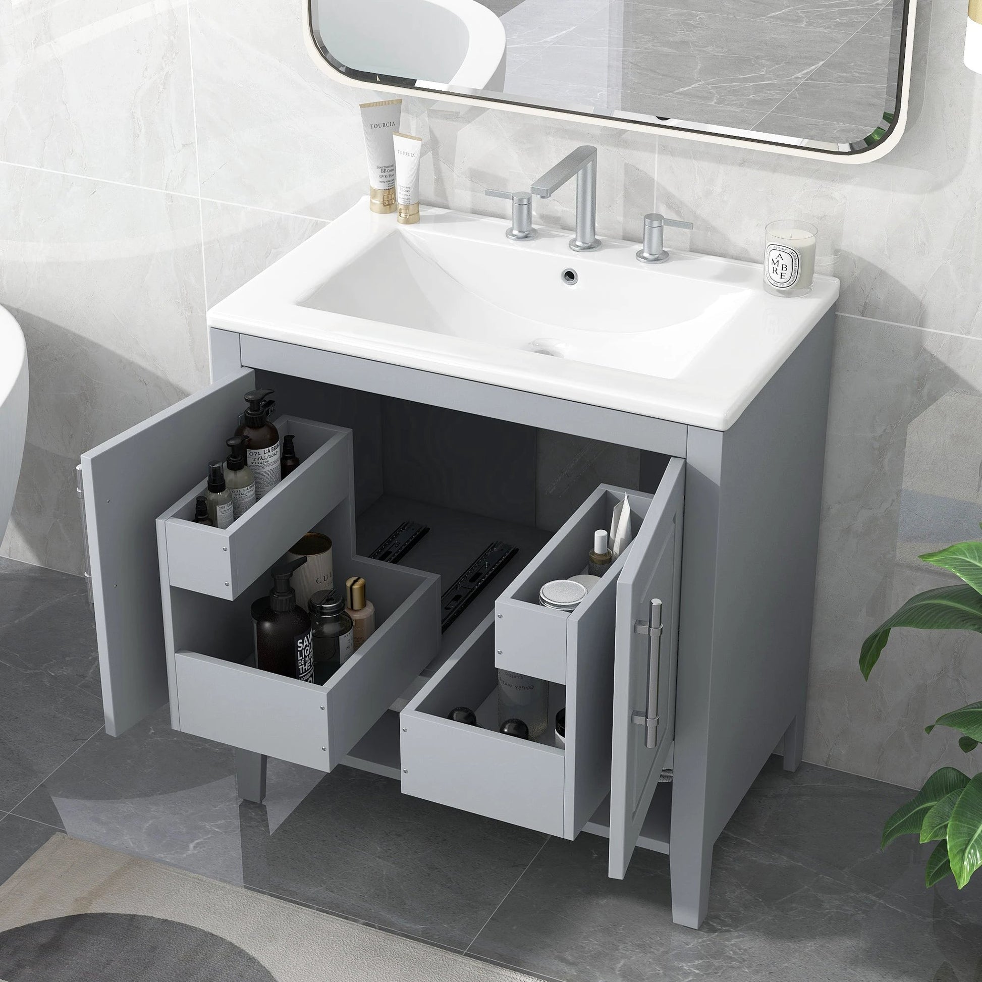 30" Bathroom Vanity with Sink, Multi-functional Bathroom Cabinet with Doors and Drawers, Solid Frame and MDF Board, Grey by eprolo