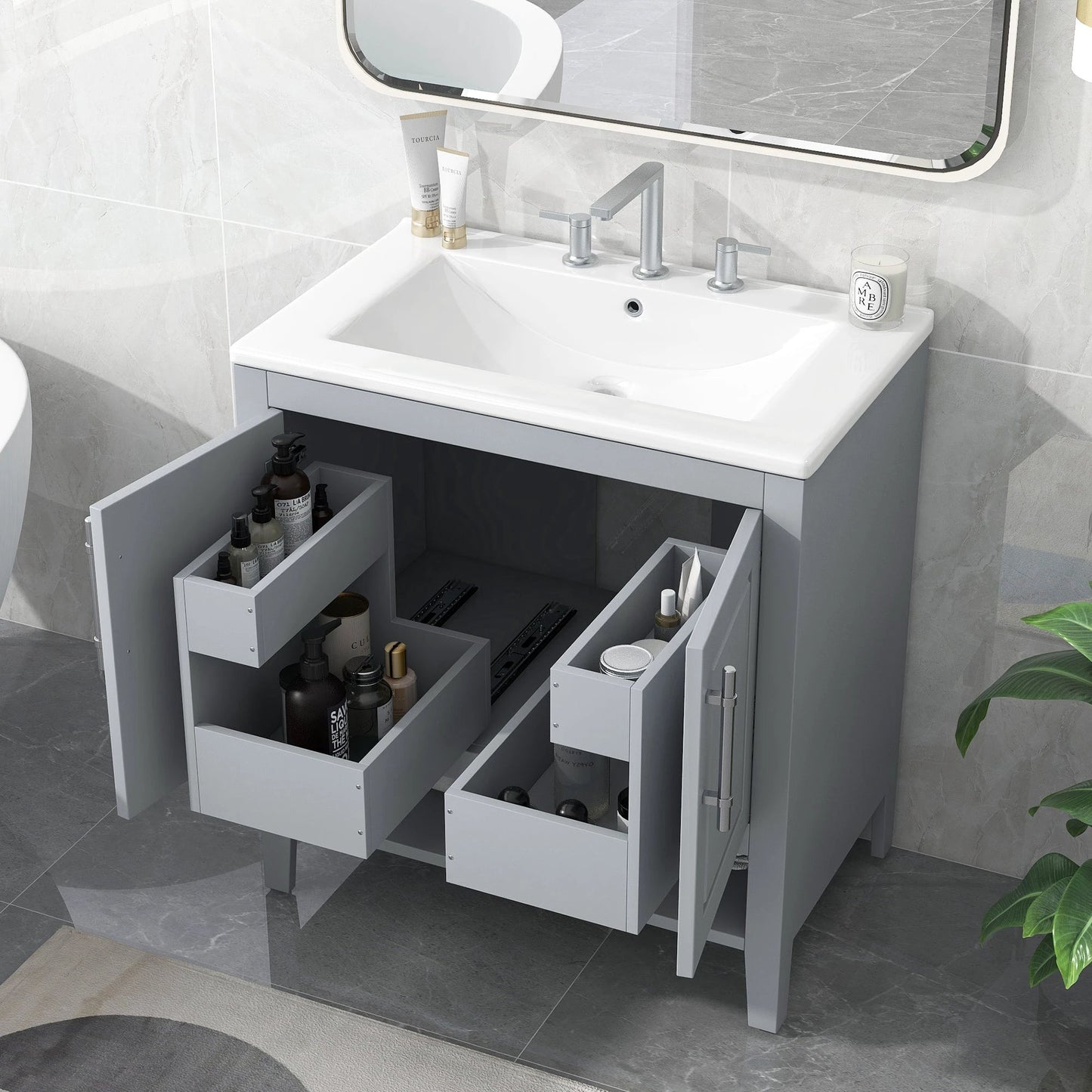 30" Bathroom Vanity with Sink, Multi-functional Bathroom Cabinet with Doors and Drawers, Solid Frame and MDF Board, Grey by eprolo