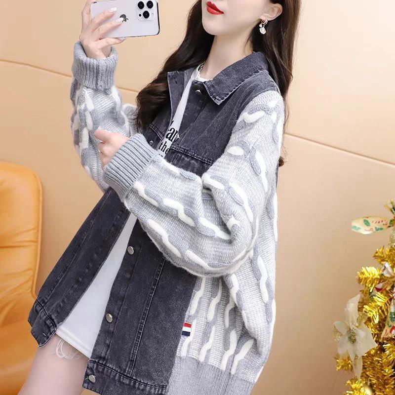 Chic Denim Patchwork Knit Cardigan for Women, Loose Thickened Knitted Casual Style Outerwear by eprolo
