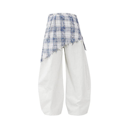 Fake Two Piece Checkered Spliced Waist Strap Loose Wide Leg Pants by eprolo