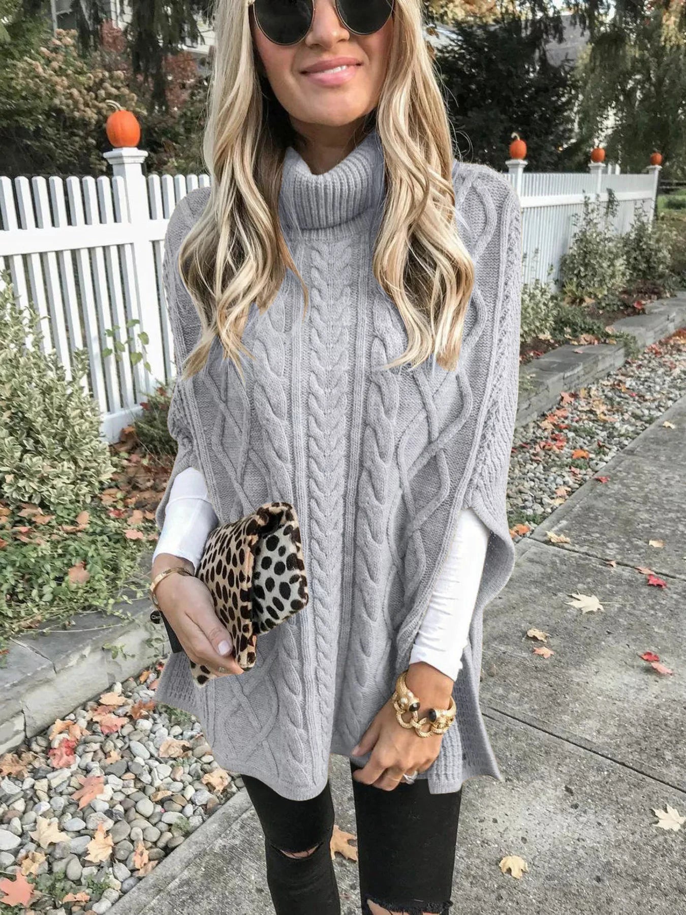 Chunky Cable Knit Turtleneck Poncho Cover Up by Trendsi
