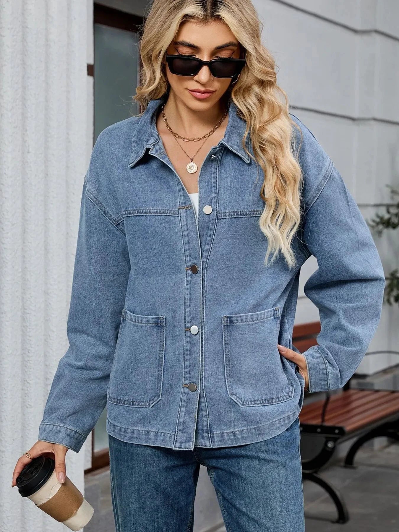 Washed Oversized Button Down Denim Jacket by Trendsi