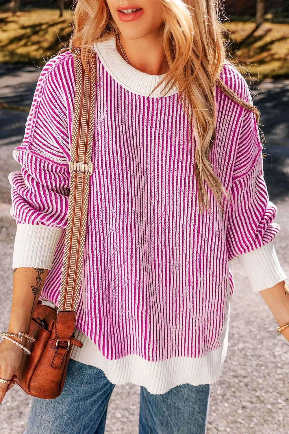 Striped Textured Knit Contrast Edge Loose Sweater by Trendsi