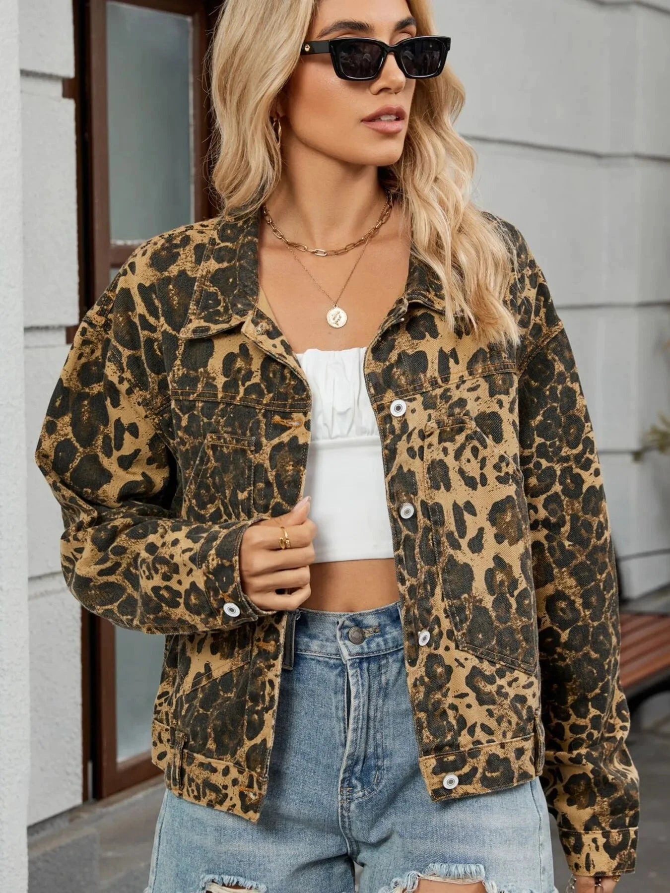 Leopard Print Button Up Denim Jacket by Trendsi