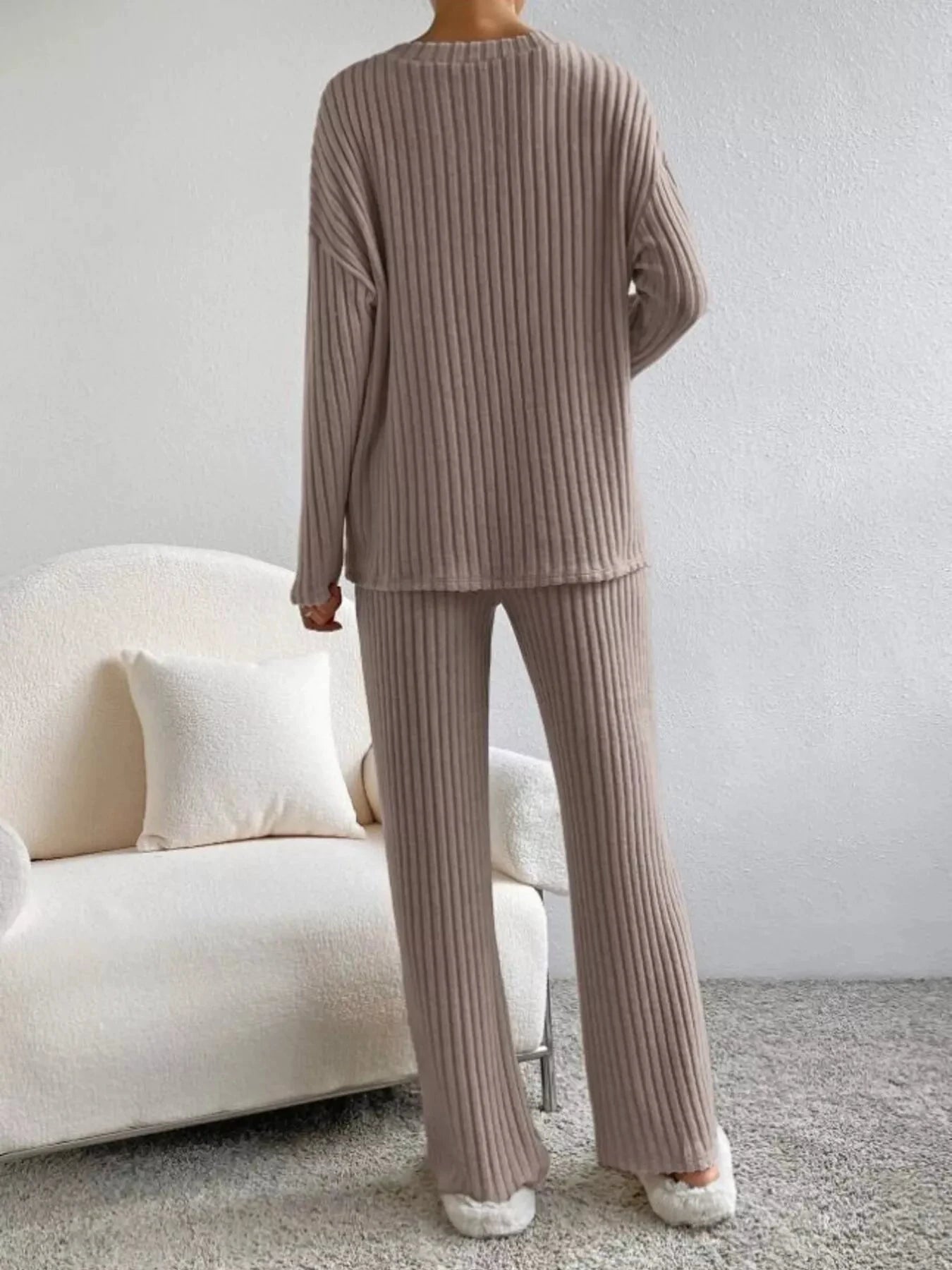 Ribbed Knit V-Neck Top and Pants Set by Trendsi