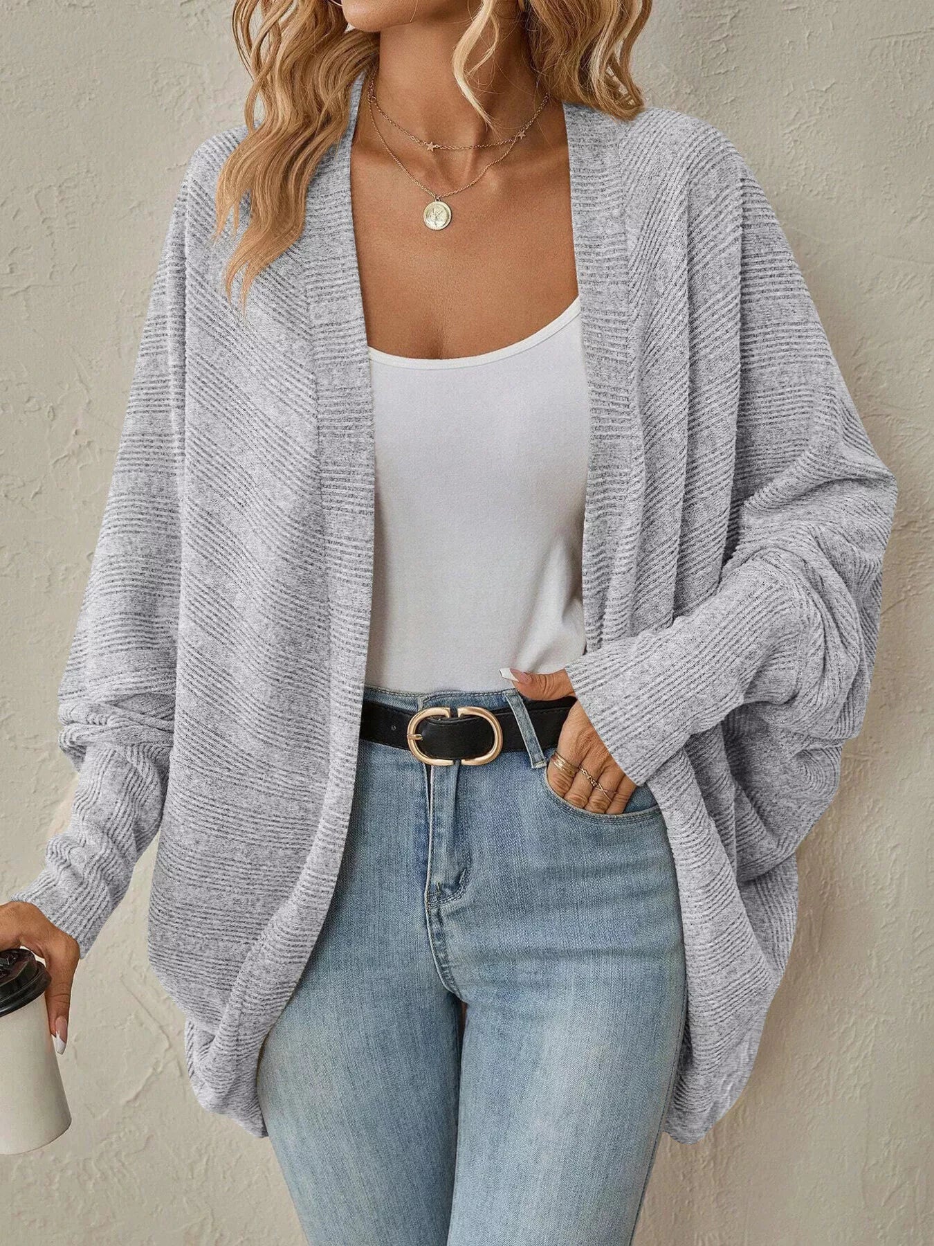 Cozy Oversized Open Front Knit Cardigan by Trendsi