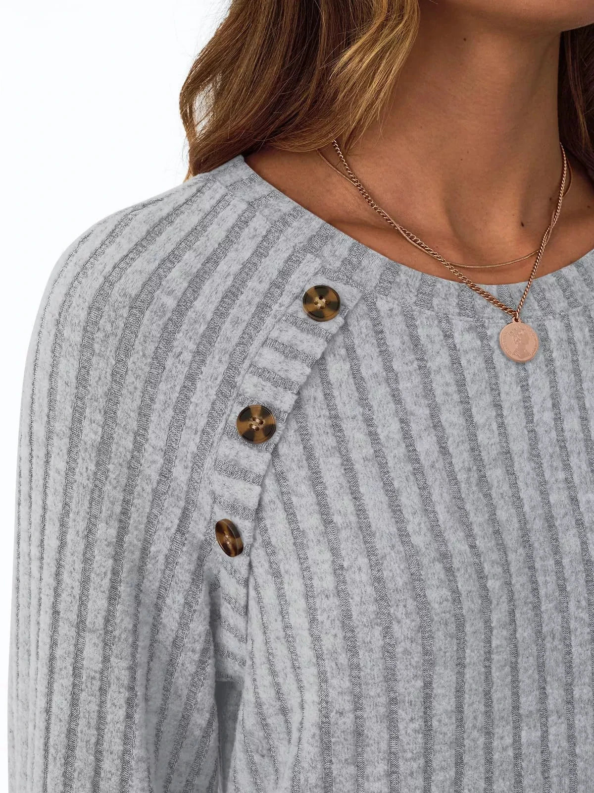 Ribbed Knit Decor Button Long Sleeve T-Shirt by Trendsi