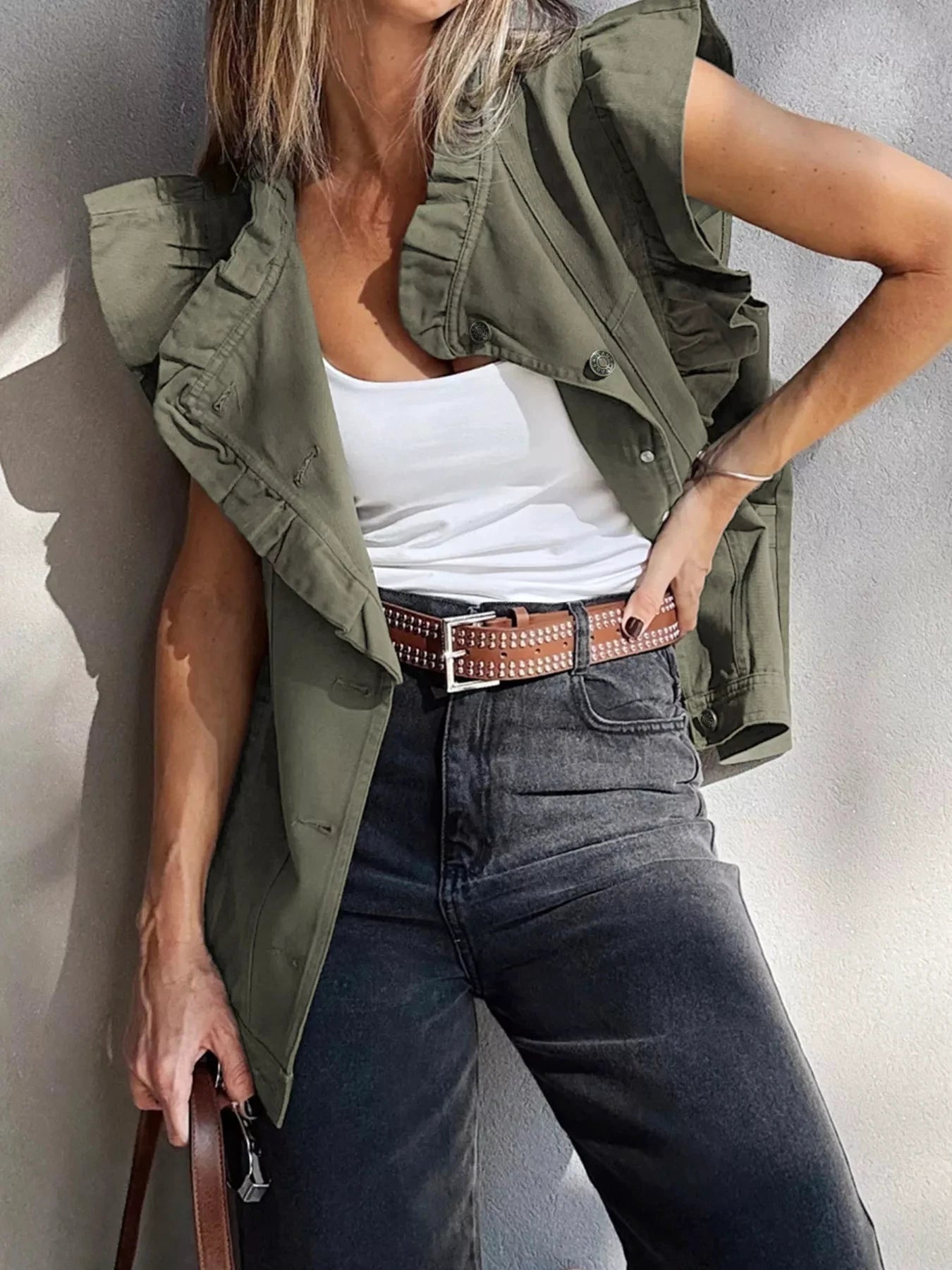 Ruffled Patchwork Denim Jacket Vest by Trendsi