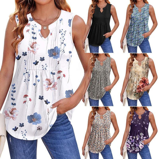 Womens Stylish Casual Floral Sleeveless T-shirt by JeansDenim.Store