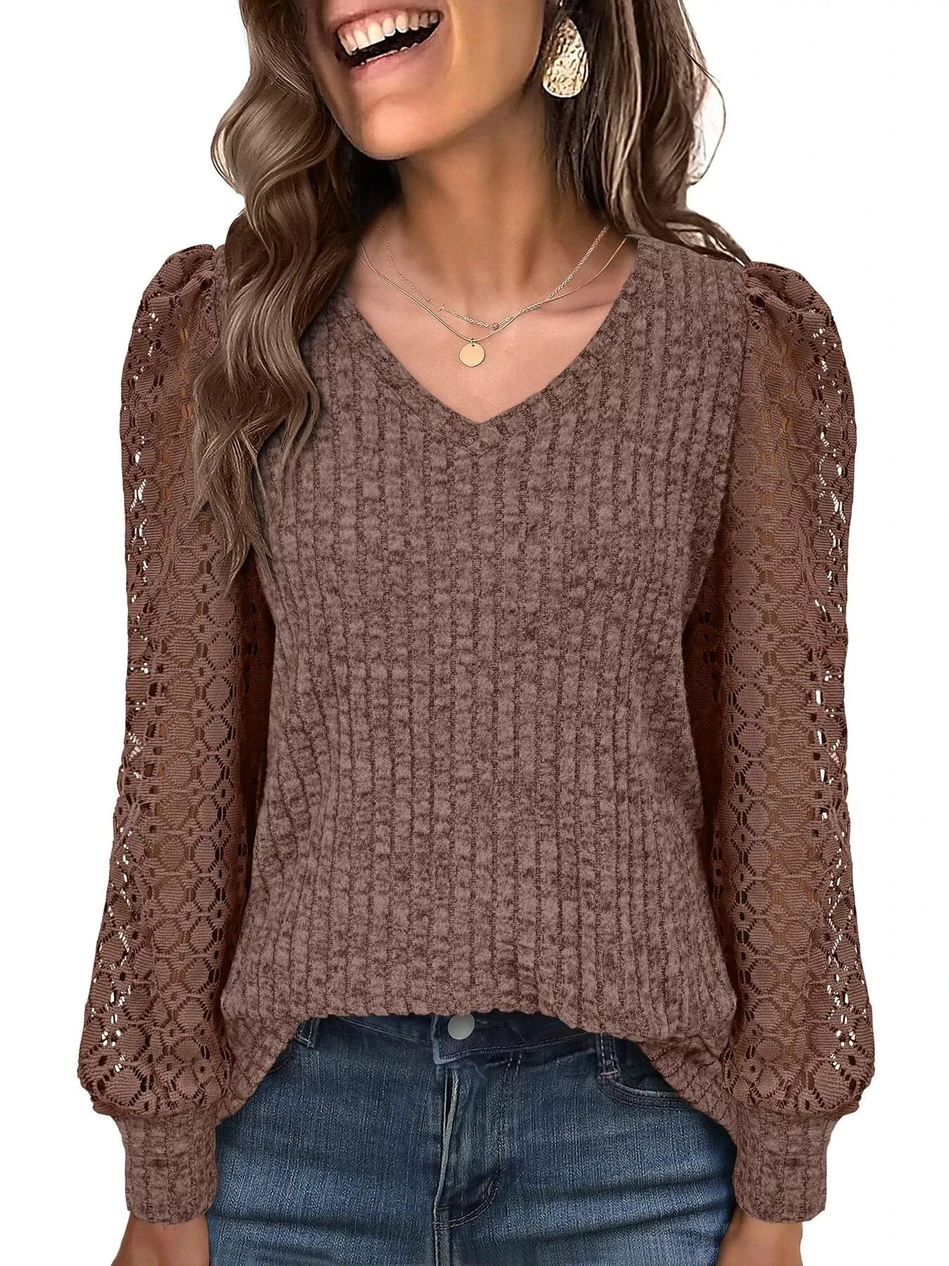 Lace Sleeve V-Neck T-Shirt by Trendsi