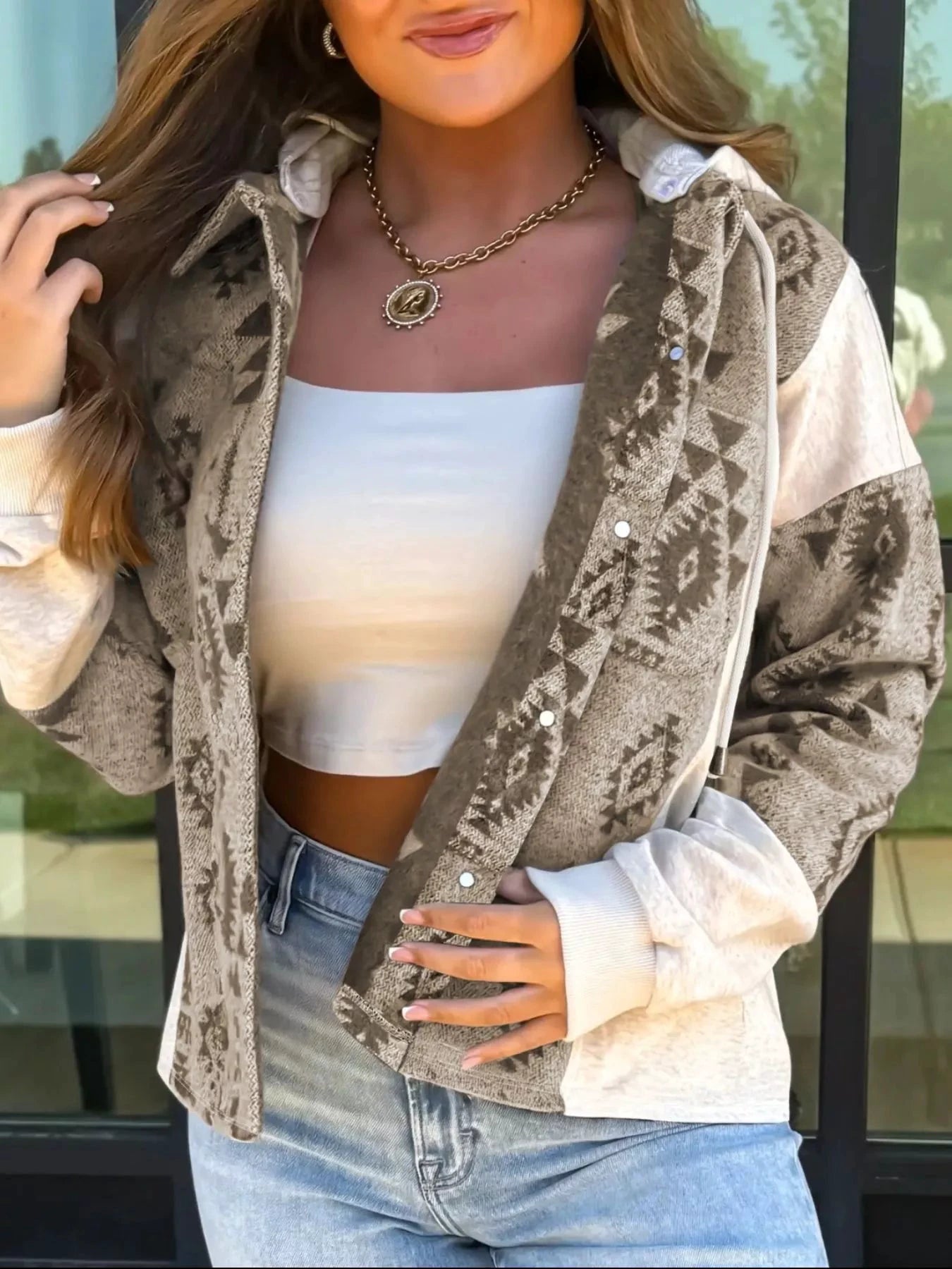 Western Aztec Print Color Block Patchwork Drawstring Hooded Shacket by Trendsi