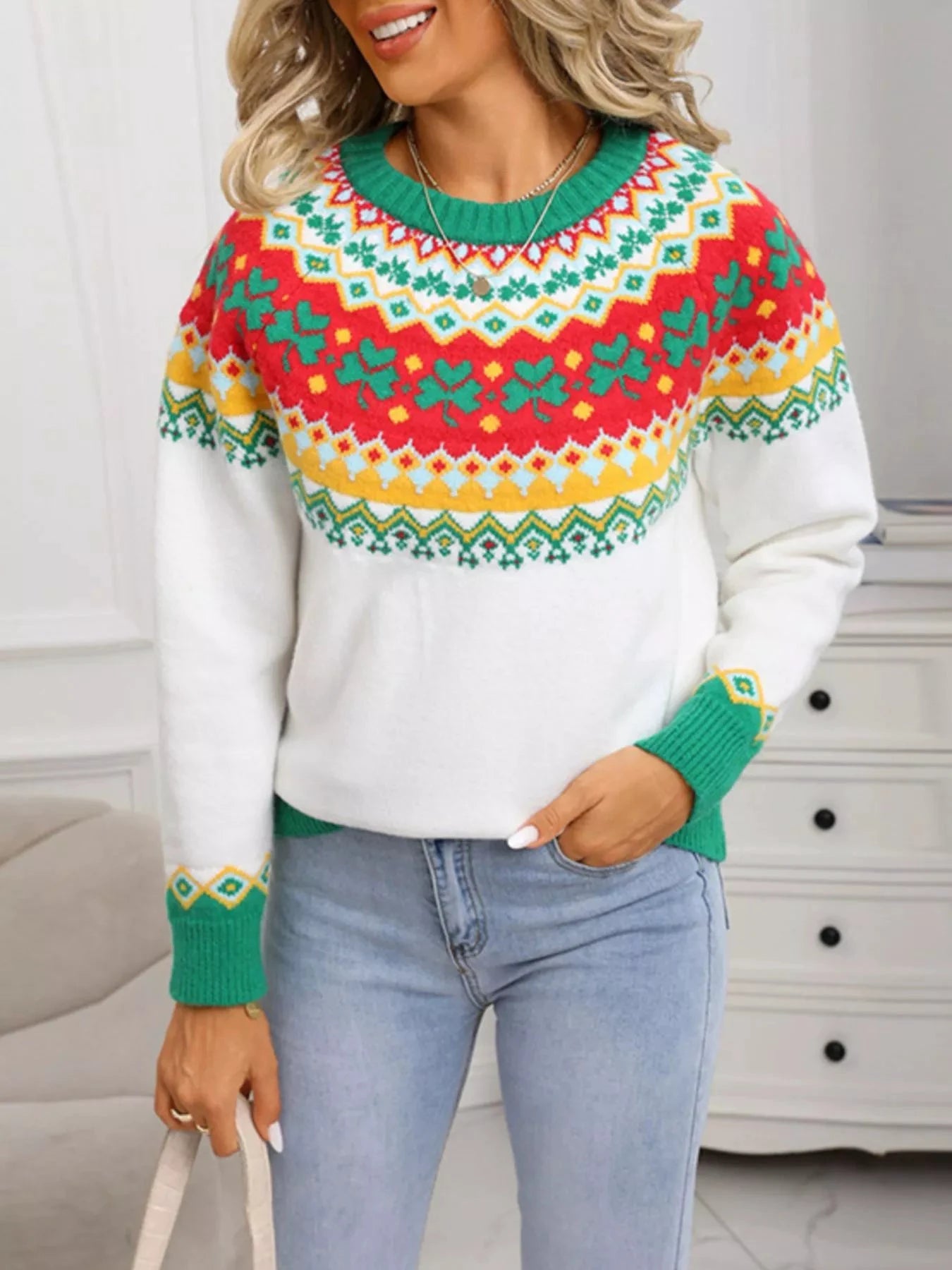Clover Pattern Round Neck Knitted Sweater by Trendsi