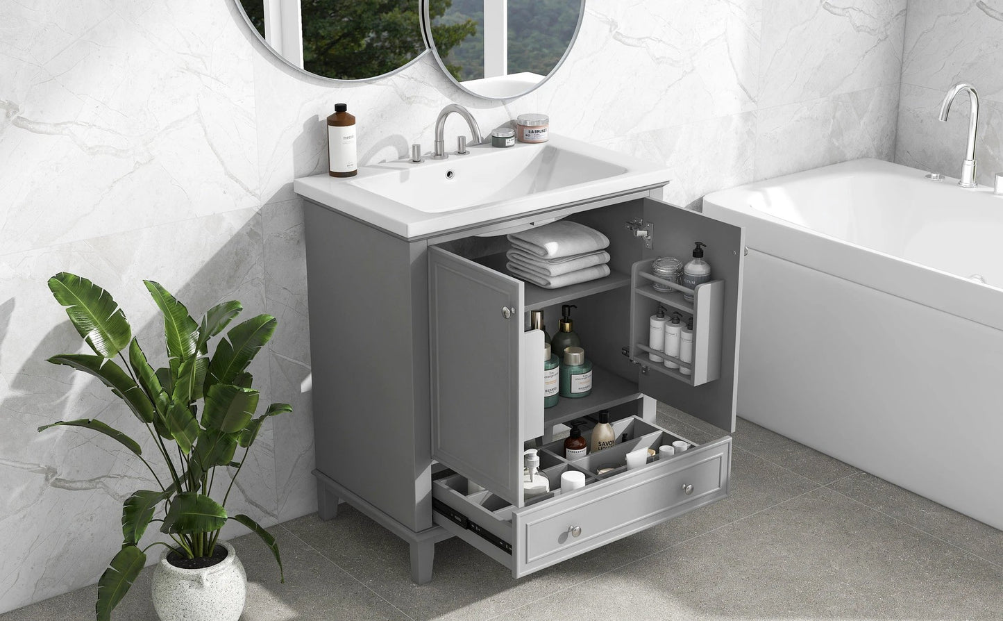 30inchgrey Bathroom Vanity with Sink ComboMulti-functional Bathroom Cabinet with Doors and Drawer Solid Frame and MDF Board by eprolo