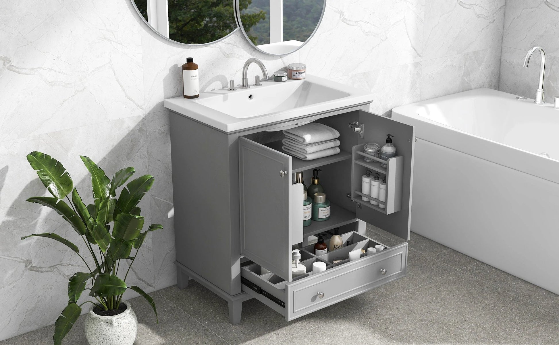 30inchgrey Bathroom Vanity with Sink ComboMulti-functional Bathroom Cabinet with Doors and Drawer Solid Frame and MDF Board by eprolo