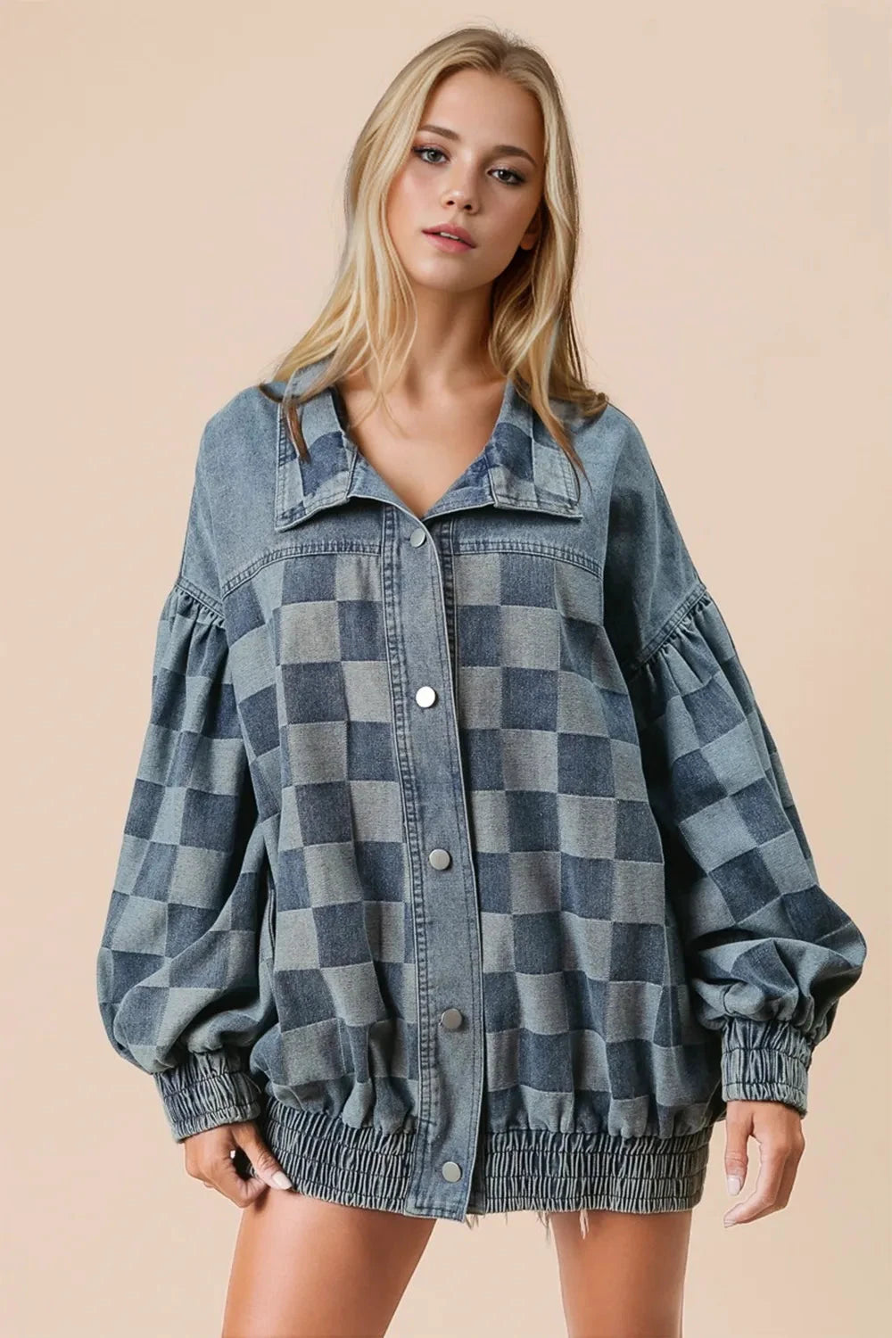 Double Take Checkered Button Up Denim Jacket by Trendsi