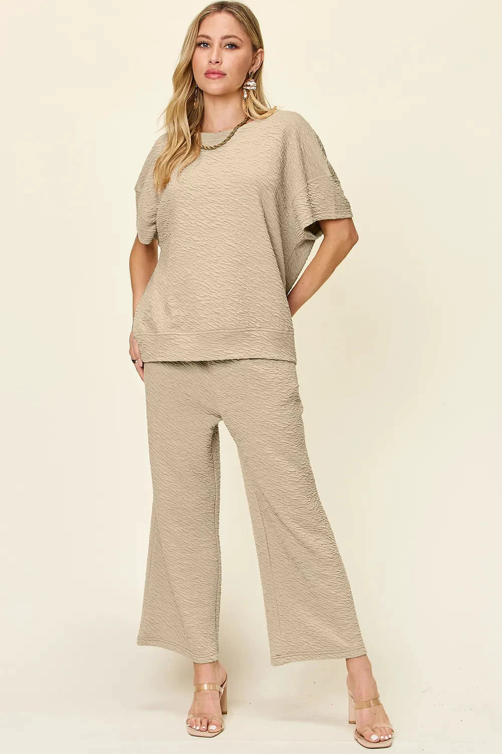 Double Take Full Size Texture Short Sleeve Top and Pants Set by Trendsi
