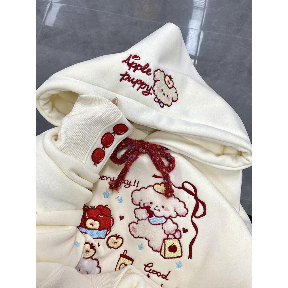 Cute Cartoon Embroidered Hoodie for Women, Fleece-Lined Thickened Lazy Style Top Jacket by eprolo