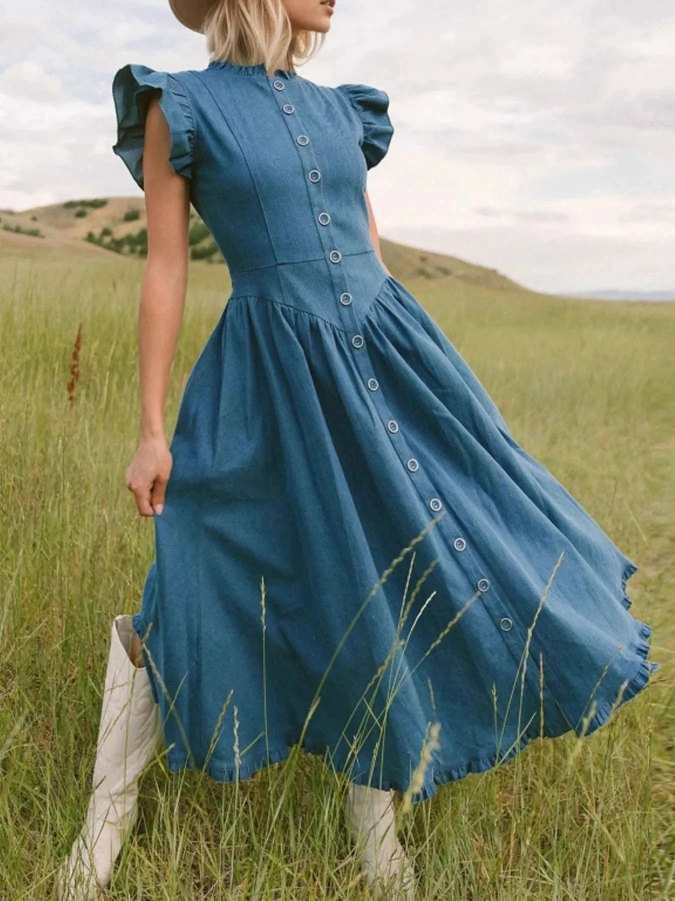 Ruffled Cap Sleeve Denim Dress by Trendsi