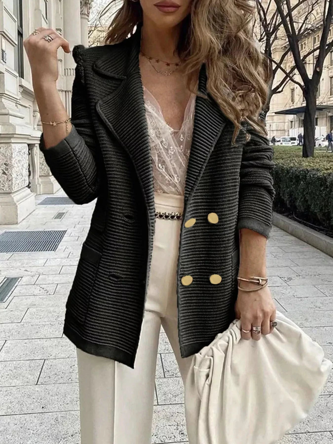 Texture Knit Double-Breasted Blazer by Trendsi