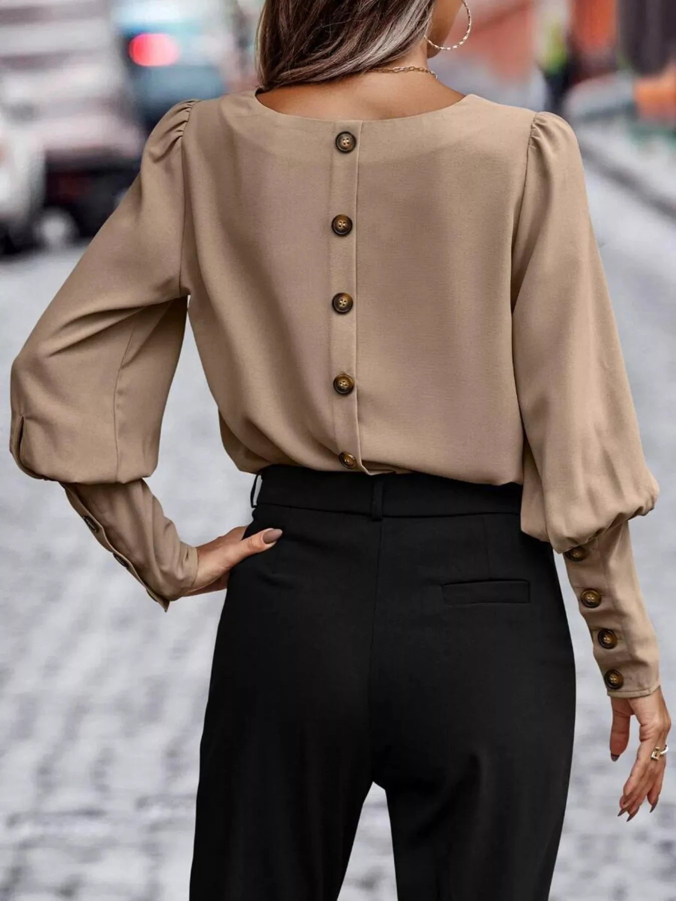 Back Button Lantern Sleeve Blouse by Trendsi