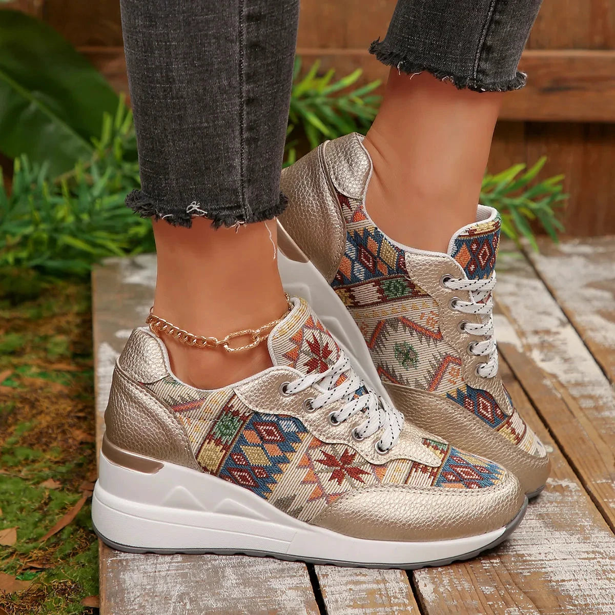 Geometric Lace Up Wedge Sneakers by Trendsi