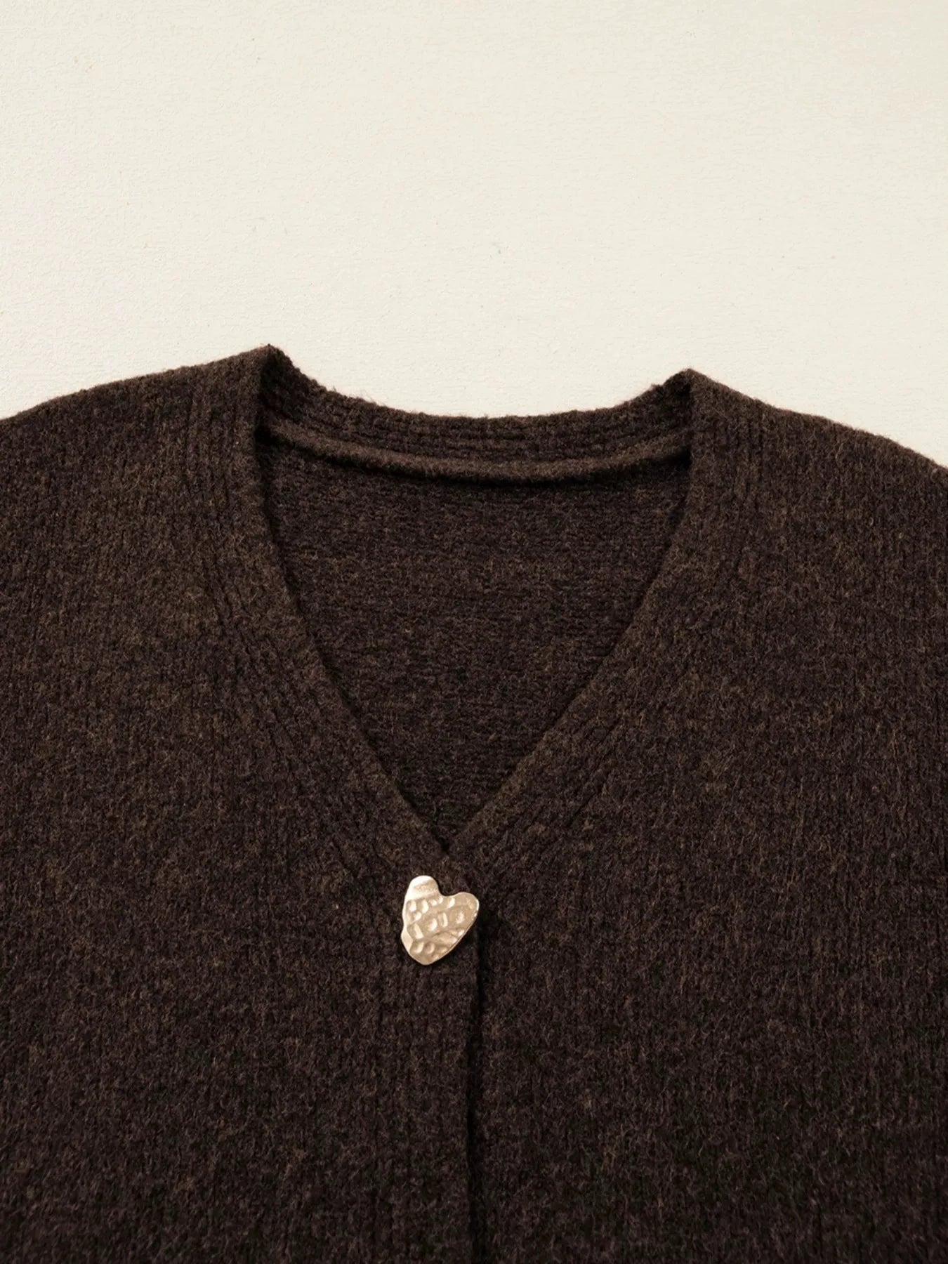 Heart Metal Button V Neck Cardigan Sweater by Trendsi