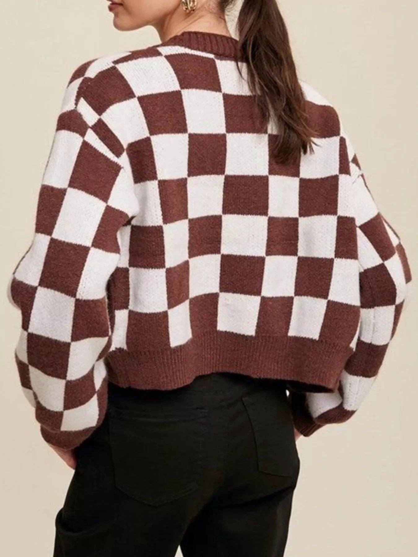 Checkerboard Pattern Button-Down Cardigan by Trendsi