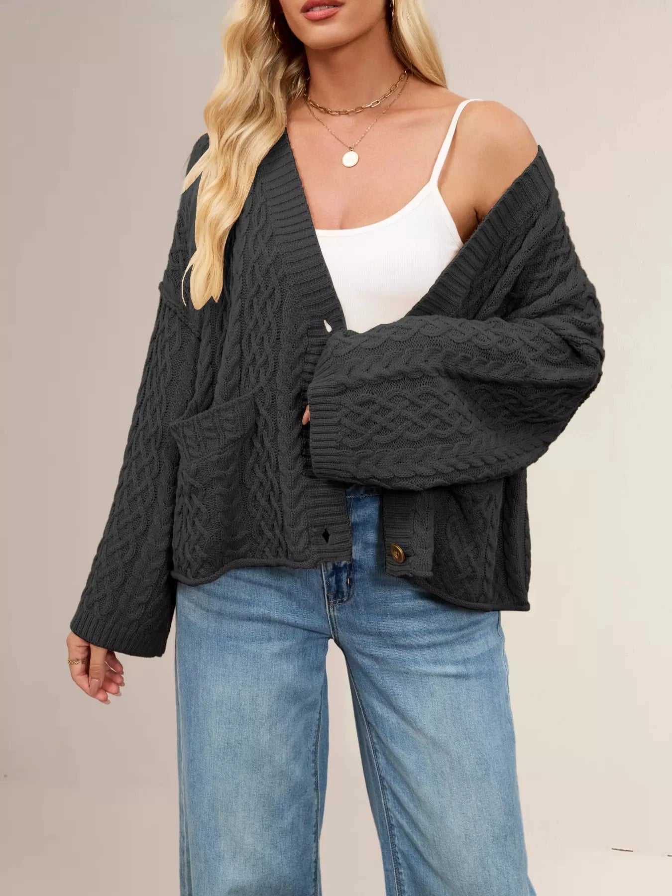 Cable Knit Button-Down Cardigan by Trendsi