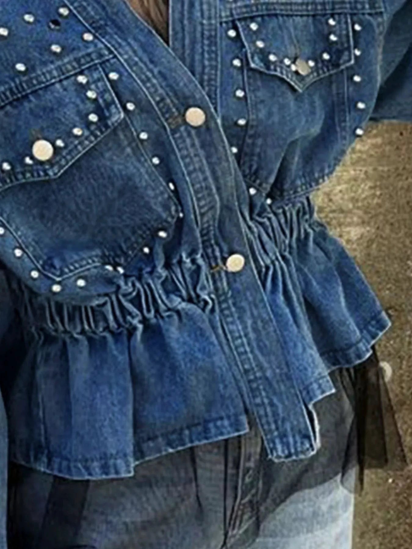 Studded Button Up Denim Jacket by Trendsi