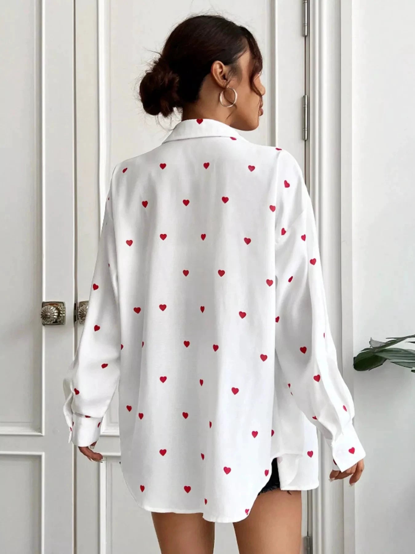 Heart Button Up Oversized Shirt by Trendsi