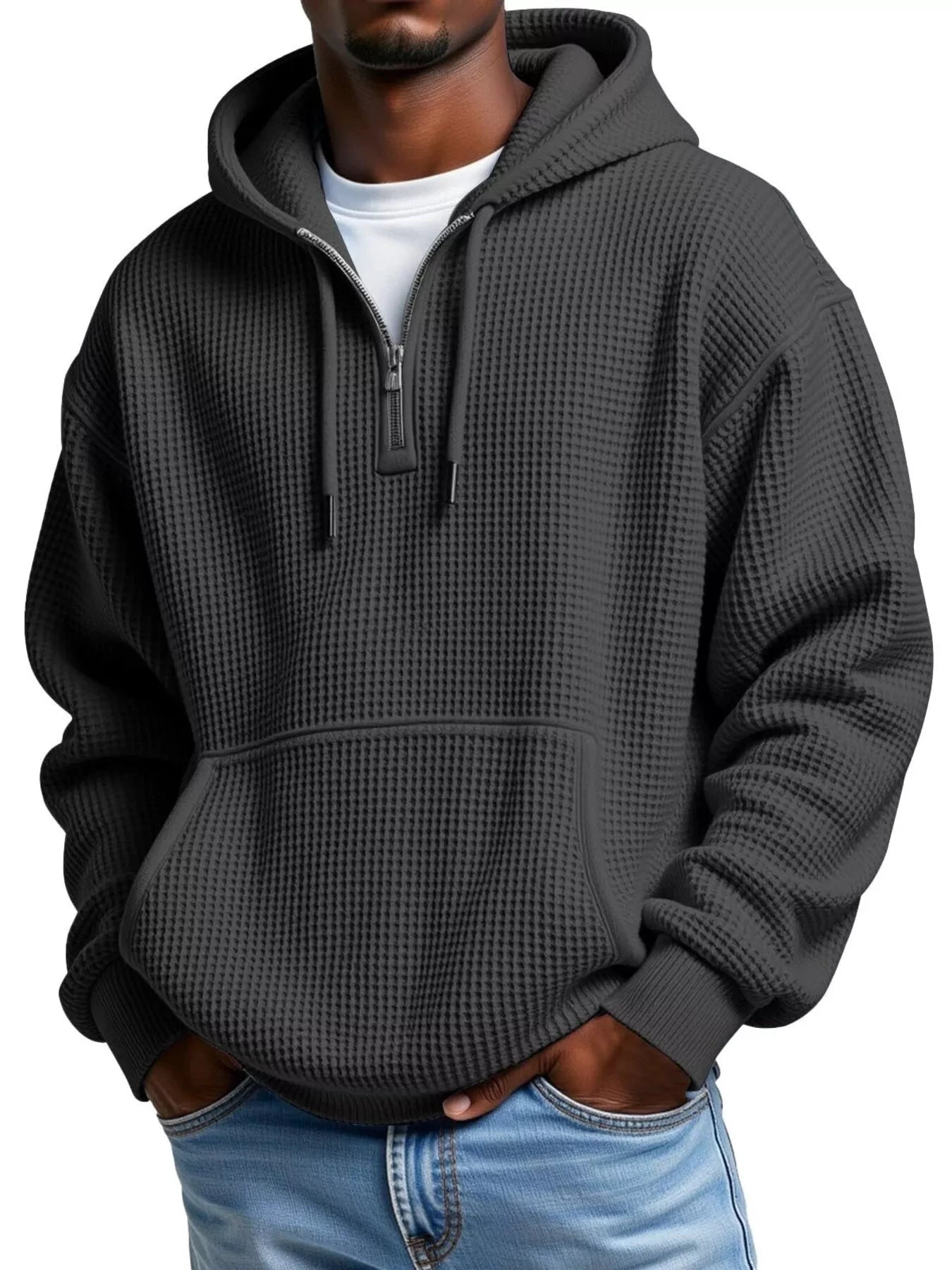 Men's Full Size Textured Waffle Knit Half-Zip Hoodie Plus Size by Trendsi