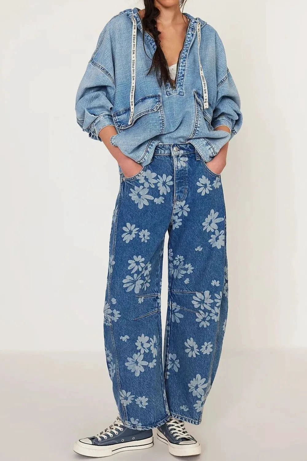 Flower Print Wide Leg Jeans by Trendsi