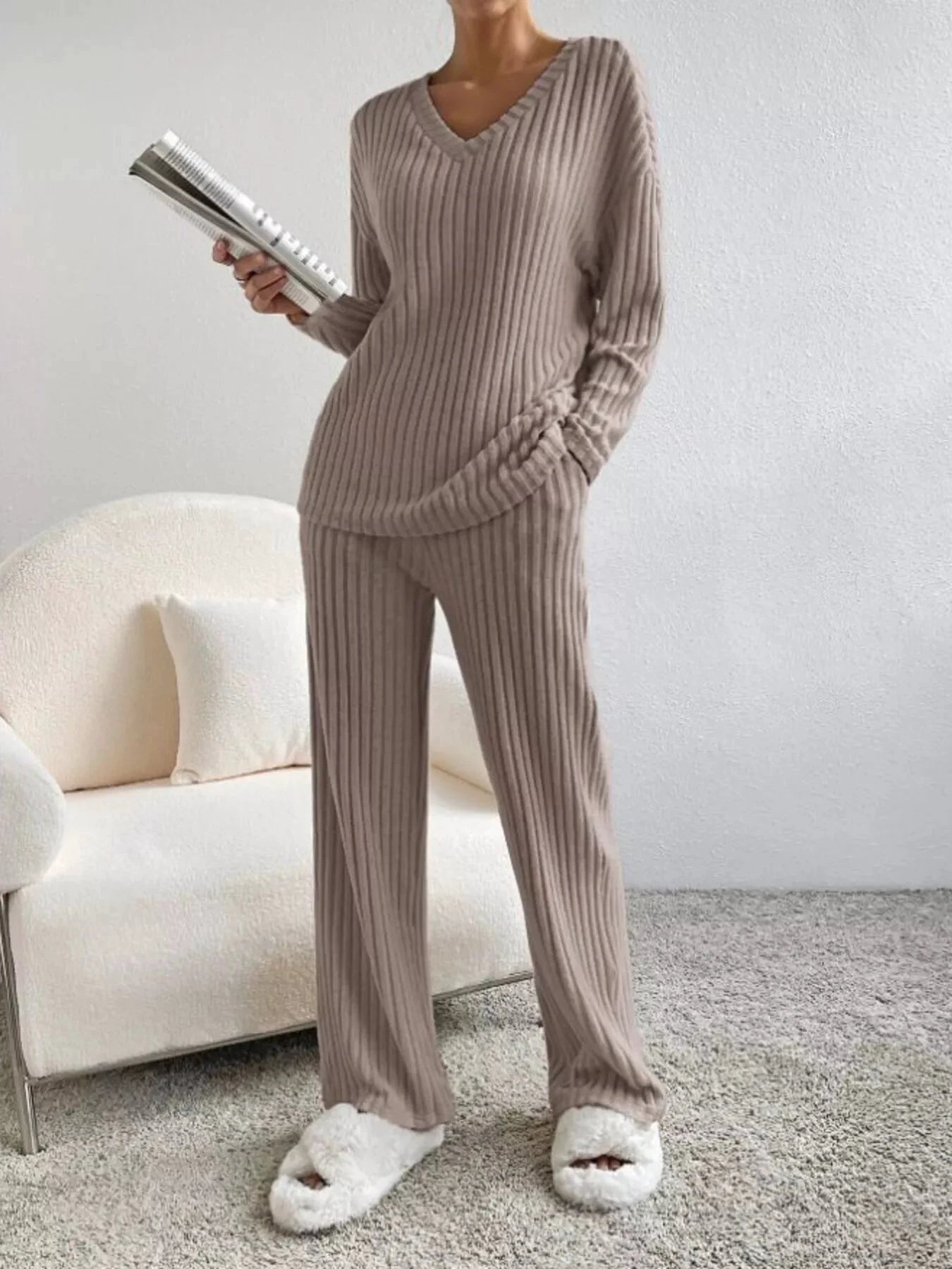 Ribbed Knit V-Neck Top and Pants Set by Trendsi