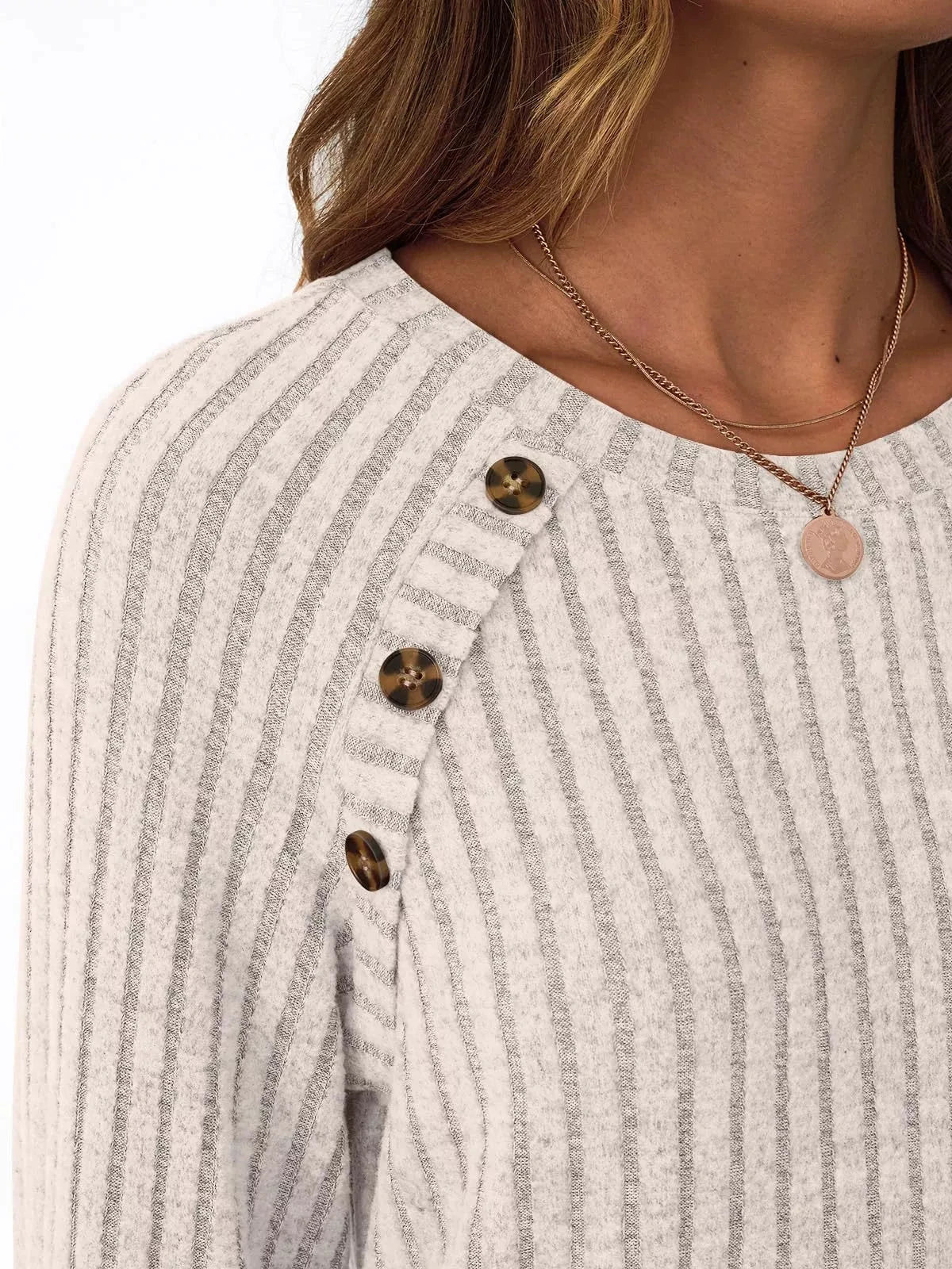 Ribbed Knit Decor Button Long Sleeve T-Shirt by Trendsi