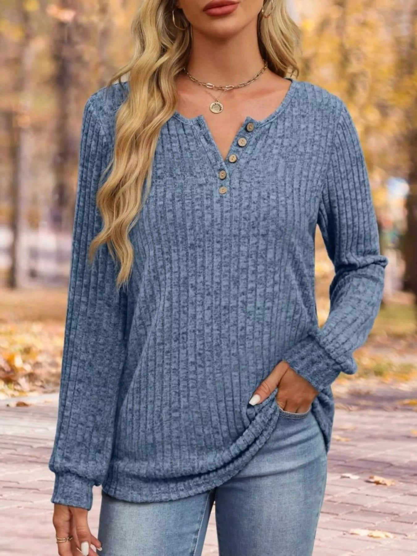 Ribbed Knit Button-Front Long Sleeve T-Shirt by Trendsi