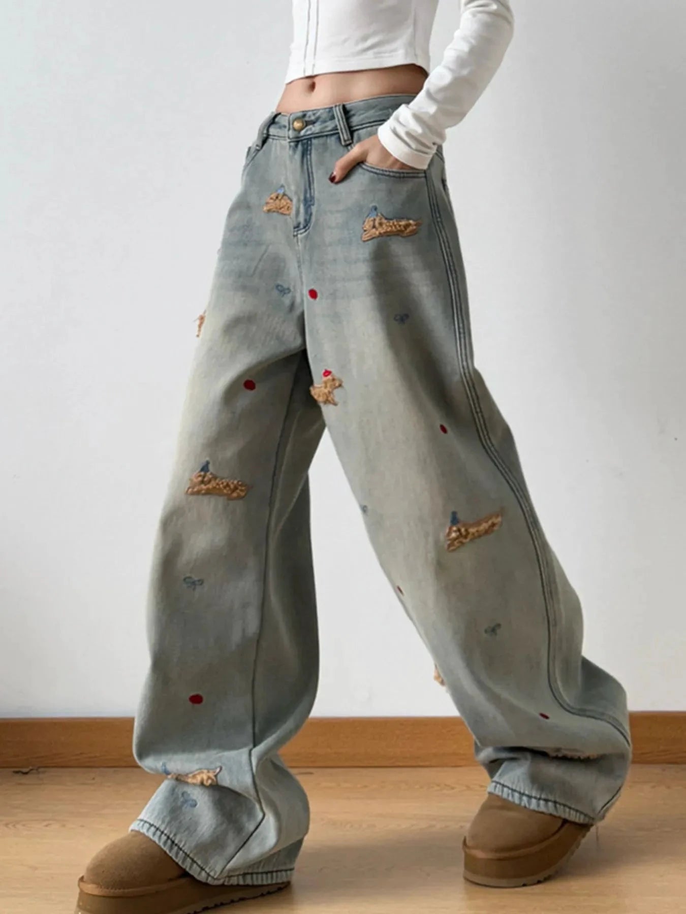Embroidered Wide Leg Jeans by Trendsi