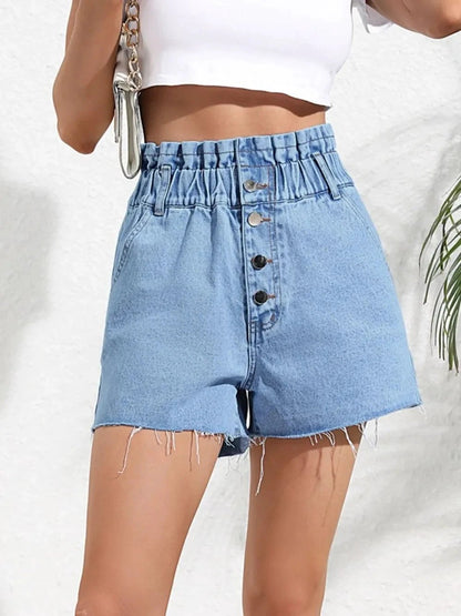 Fashionable high waisted loose and slimming denim shorts with frayed edges by eprolo