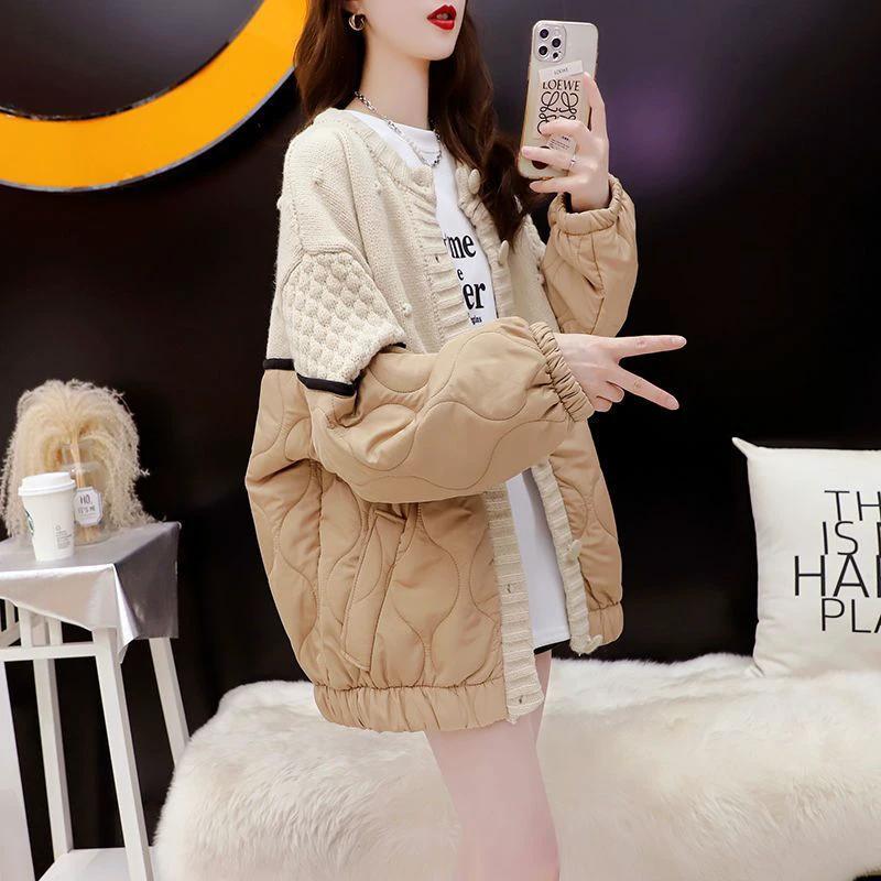 Relaxed Korean-Style Patchwork Knit Cardigan for Women, Oversized Design, Thick Autumn/Winter Sweater Coat by eprolo