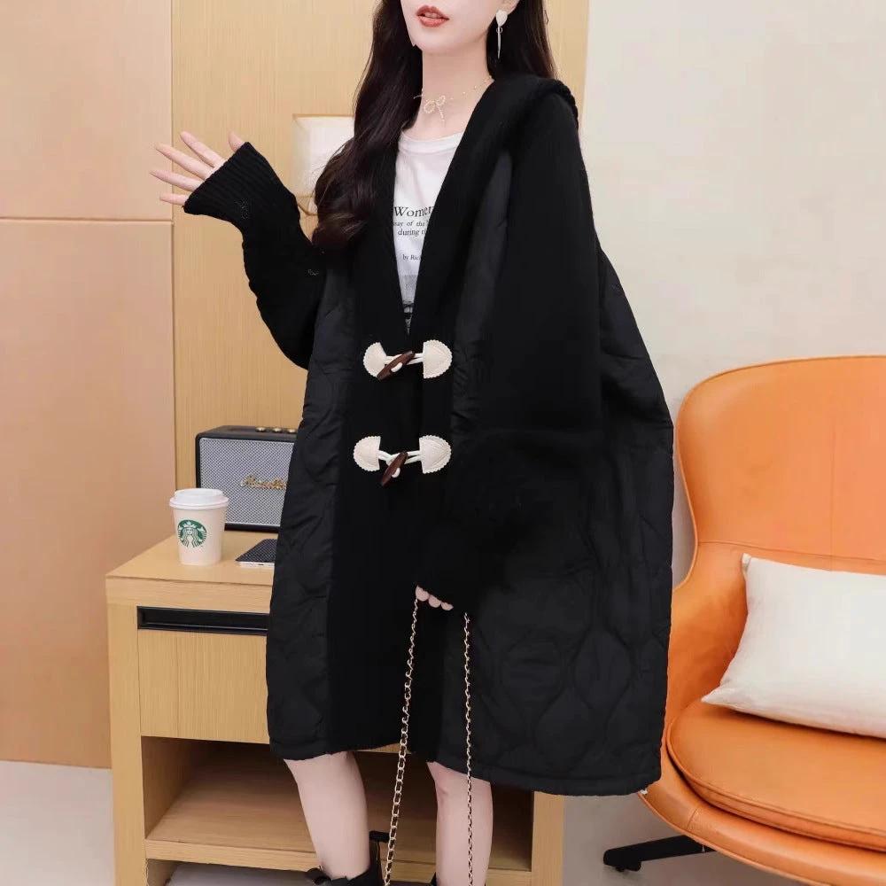 Plus Size Patchwork Hooded Women's Winter Toggle Button Loose Mid-Length Cotton Coat by eprolo