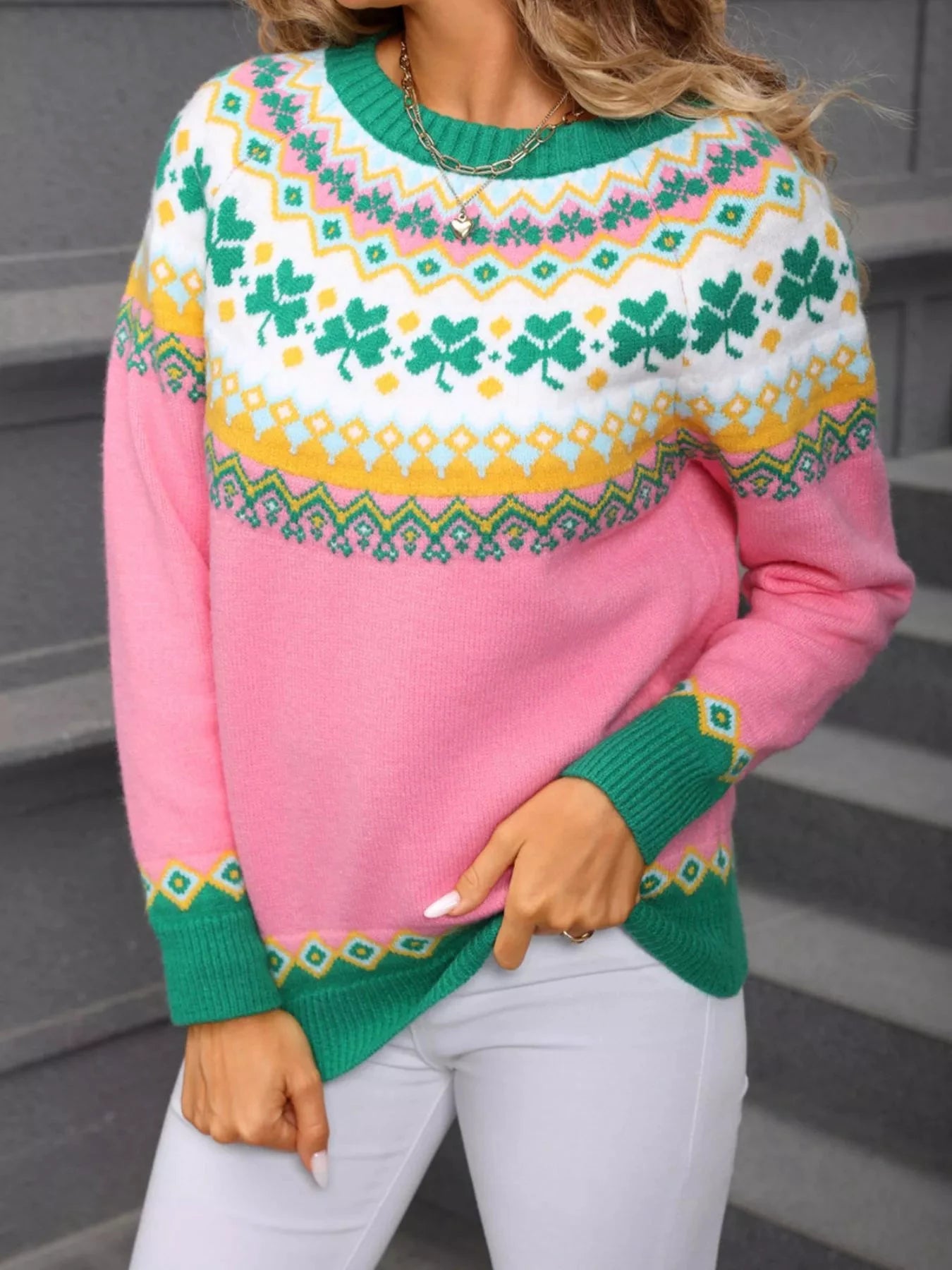 Clover Pattern Round Neck Knitted Sweater by Trendsi